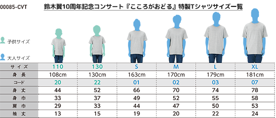 鈴木翼10周年記念コンサート『こころがおどる』特製Tシャツサイズ一覧